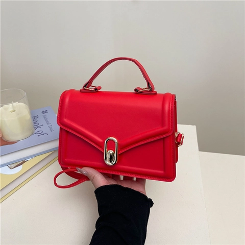 Borsa A Tracolla Da Donna In Pelle PU Piccola Borsa Quadrata Manico Superiore Chiusura In Metallo Dorato Patta Versatile