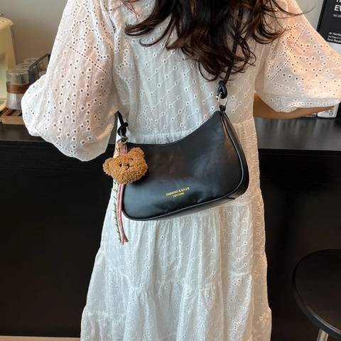 Women PU Leather Pillow Hobo Bag Minimalist Solid Color Underarm Shoulder Bag With Knotted Strap And Bear Pendant Purse