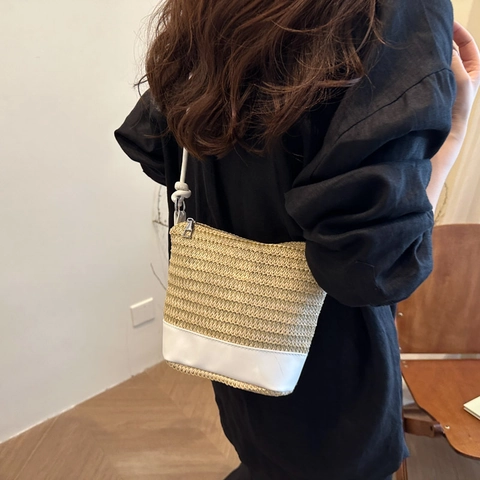 Borsa Secchiello In Paglia Intrecciata Donna Patchwork Pelle PU Borsa A Tracolla Cinturino Nodo Cerniera Estate