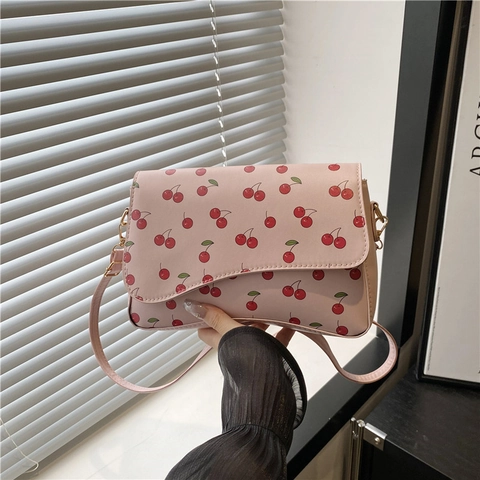 Damen Süße Kirschdruck PU Leder Umhängetasche Frische Florale Schulter Unterarm Tasche Mit Verstellbarem Gurt Für Alltag