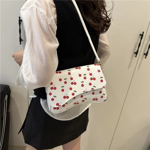 Damen Süße Kirschdruck PU Leder Umhängetasche Frische Florale Schulter Unterarm Tasche Mit Verstellbarem Gurt Für Alltag