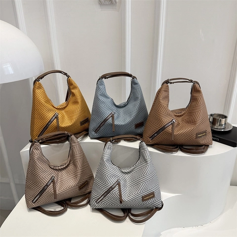 Fashion Women Herringbone Woven Tote Bag Large Capacity Commuter Shoulder Bag With Synthetic Leather Straps And Zipper