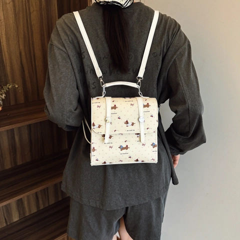Mini PU Leather Square Backpack Cartoon Dachshund Dog Cherry Print Multi-Functional Crossbody Bag Handbag For Travel Daily
