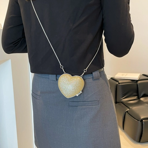 Heart Shaped Mini Crossbody Bag Sequin Glitter PU Leather Metal Chain Evening Party Sparkly Chic Purse For Women