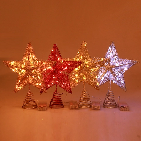 Punta para Árbol de Navidad de Estrella LED de Arte de Hierro Estrella de Cinco Puntas Con Luces Operado por Batería Para Decoración de Hogar de Navidad Oro Plata Rojo Oro Rosa