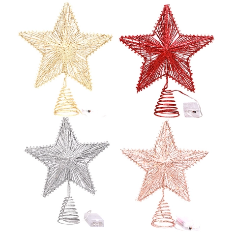 Punta para Árbol de Navidad de Estrella LED de Arte de Hierro Estrella de Cinco Puntas Con Luces Operado por Batería Para Decoración de Hogar de Navidad Oro Plata Rojo Oro Rosa