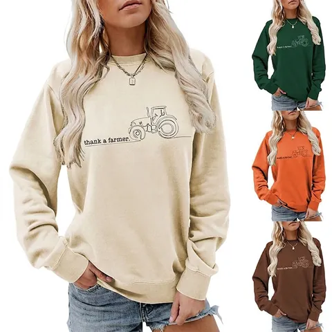 Sweat-shirt Femmes Manches Longues Col Rond Mélange Coton Tracteur Imprimé Thank A Farmer Décontracté Pull Haut