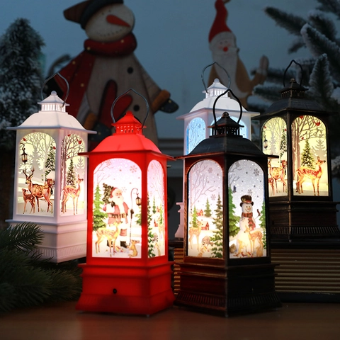 Christmas Music Wind Lantern LED Decorative Plastic Vintage Hanging Santa Snowman Reindeer Home Ornament Gift