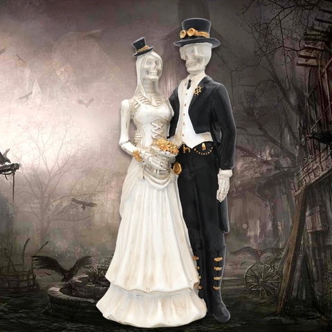 Gothic Skeleton Wedding Couple Statues Resin Steampunk Groom And Bride Figures For Halloween Party Home Desktop Decor