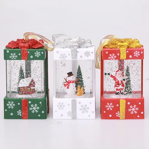 Farol de Agua LED de Navidad Forma de Caja de Regalo Muñeco de Nieve Papá Noel Luz de Noche Bola de Nieve con Brillo Adorno Colgante Escritorio