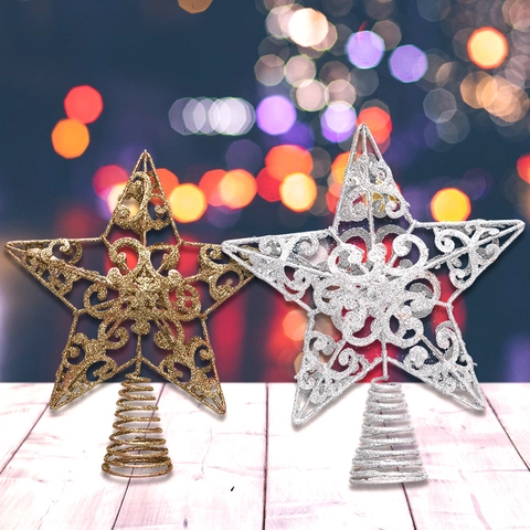 Puntale Per Albero Di Natale Stella Pentagramma In Metallo Cavo Con Glitter Ornamento Decorazione Festiva Luccicante