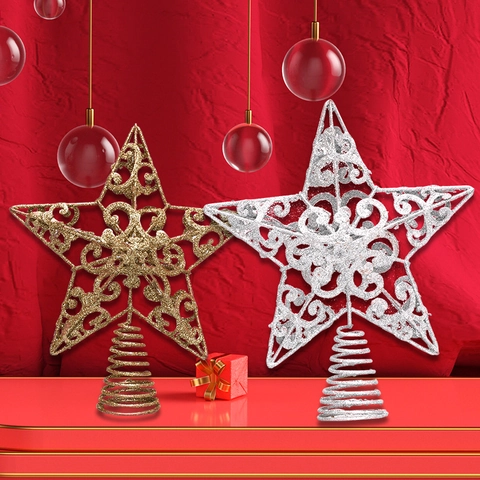 Puntale Per Albero Di Natale Stella Pentagramma In Metallo Cavo Con Glitter Ornamento Decorazione Festiva Luccicante