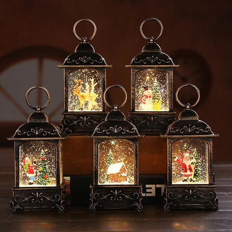 Lanterne à Eau de Noël Vintage Boule à Neige Avec Lumière LED Bronze Style Antique Décoration Festive Père Noël Bonhomme de Neige Renne