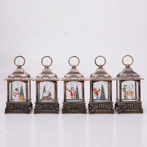 Lanterne à Eau de Noël Vintage Boule à Neige Avec Lumière LED Bronze Style Antique Décoration Festive Père Noël Bonhomme de Neige Renne