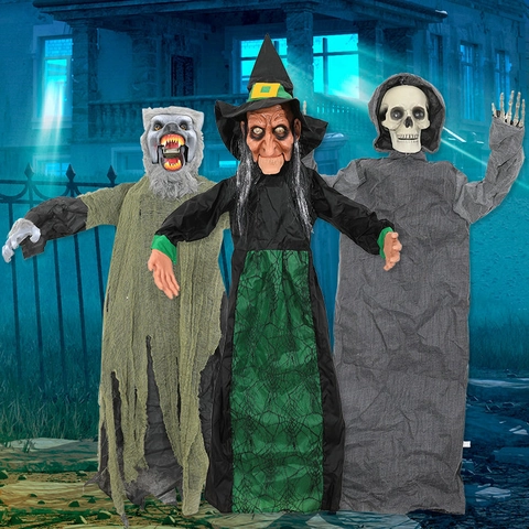 Decorazioni Appese Animate di Halloween Scheletro Licantropo Strega Con Attivazione Vocale Luci Suoni Per Casa Stregata