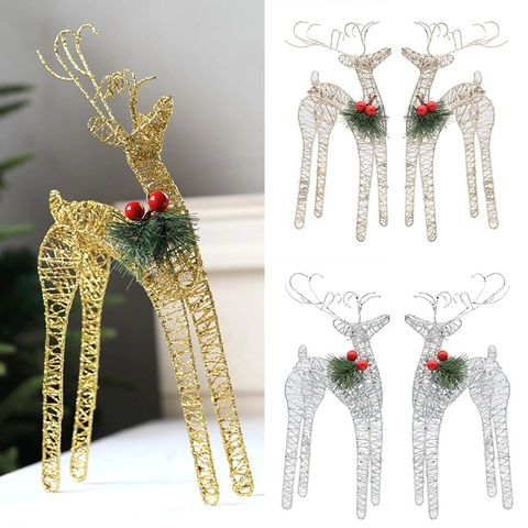 Christmas Iron Glitter Reindeer Statues Elegant Hollow Deer Ornaments With Pine Needles Red Berries For Home Holiday Desktop Decoration