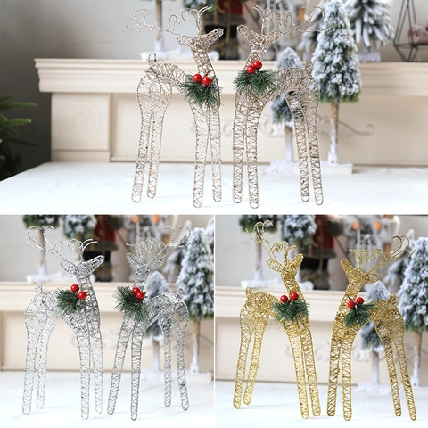 Christmas Iron Glitter Reindeer Statues Elegant Hollow Deer Ornaments With Pine Needles Red Berries For Home Holiday Desktop Decoration