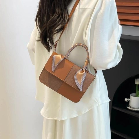 Women Fashion Handbag PU Leather Fabric Splicing Scarf Wrapped Handle Crossbody Shoulder Square Flap Commuter Bag