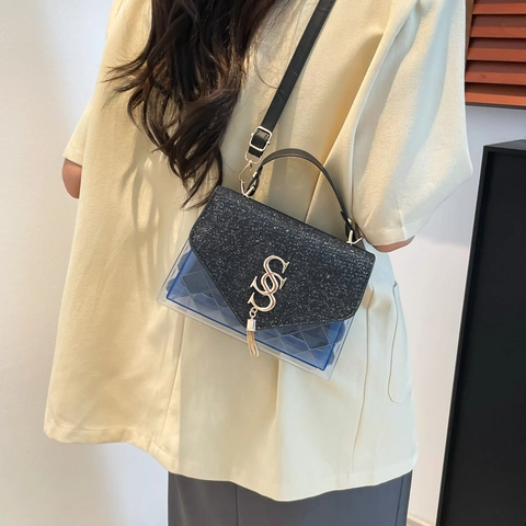 Quilted Diamond Pattern Crossbody Bag Transparent PVC Glitter Flip Top Handle Handbag With Metal Tassel For Women