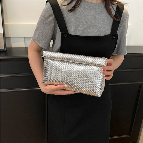 Bolso de Mano Sobre de Cuero Sintético Tejido para Mujer Gran Capacidad Elegante Color Sólido Bolso de Noche para Boda
