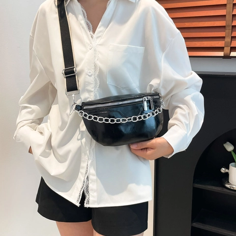 Women Crossbody Chest Bag Patent Leather Half Moon Saddle Purse Thick Silver Chain Wide Adjustable Strap Trendy