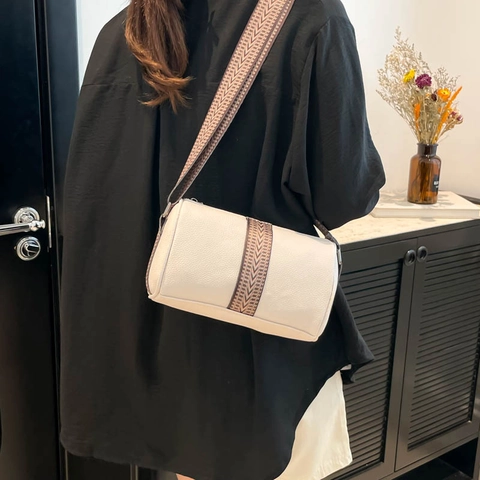 Damen Mode Litschi Muster PU Leder Zylindertasche Mit Ethno Geometrischem Breitgurt Vintage Umhängetasche Boston Tasche