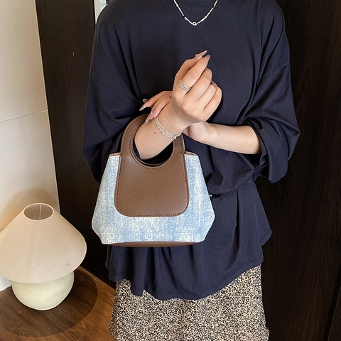Borsa A Mano In Denim Spliced Per Donna Con Strass Pelle PU Manico Tondo Borsa Tote Trapezoidale Chiusura Magnetica