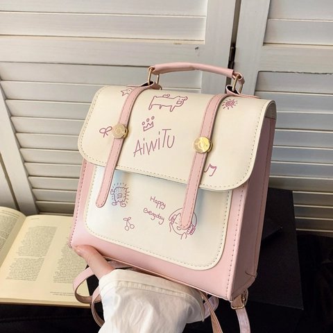 Damen Süßer Cartoon Schwein Druck PU Leder Umhängetasche Rosa Weiß Farbblock Kleine Quadratische Handtasche Vielseitiger Rucksack