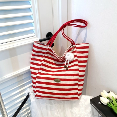 Grote Capaciteit Canvas Tote Tas Gestreept Omkeerbaar Casual Schoudertas Voor Dames Met Pluche Hanger Dagelijkse Shopping Handtas