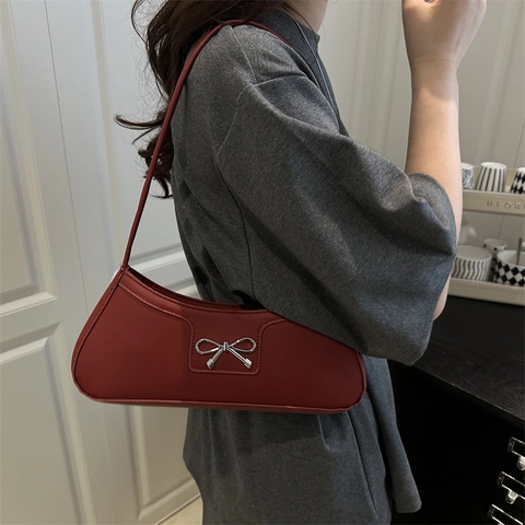 Women Baguette Underarm Bag PU Leather Solid Color Silver Metal Bow Decoration Korean Style Shoulder Handbag Vintage