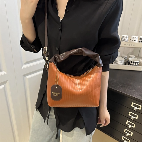 Pleated PU Leather Crossbody Bag For Women Ruched Handle Handbag Small Fashionable Solid Color Korean Style Shoulder Bag