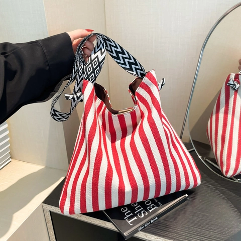 Women Striped Canvas Tote Bag Large Capacity Casual Shoulder Bag With Geometric Woven Wide Strap Vintage Commuter Handbag