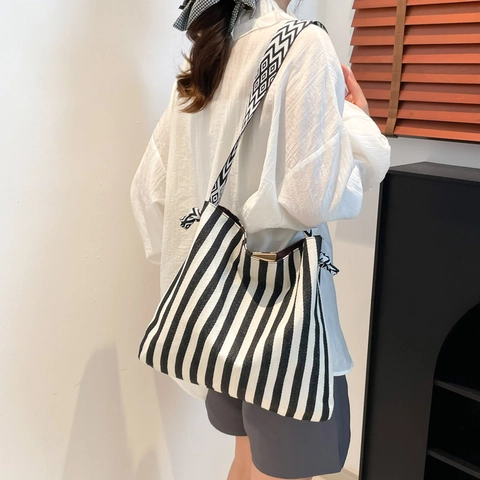 Damen Casual Gestreifte Canvas Tote Bag Große Kapazität Umhängetasche Mit Geometrischem Muster Breitem Gurt Täglich Tasche