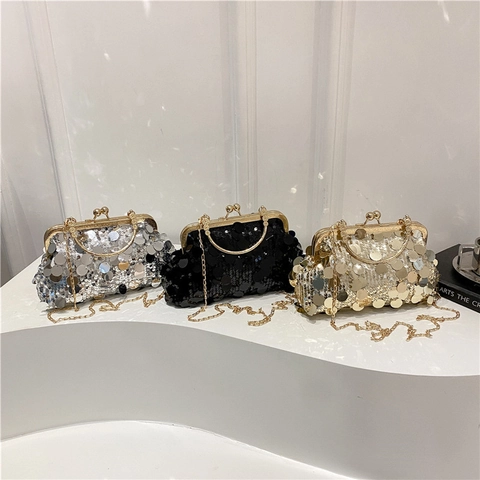 Borsa da Sera Vintage con Paillettes Donna Elegante Tracolla con Chiusura in Metallo e Catena Oro per Festa Matrimonio Banchetto