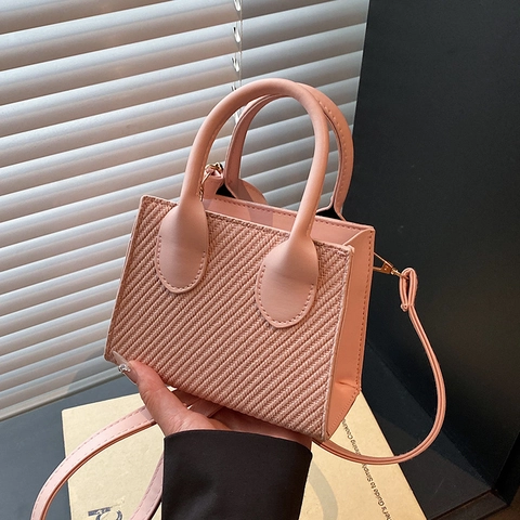 Mini Crossbody Handbag PU Leather Woven Texture Small Square Bag Chic Commute Style For Women With Adjustable Strap