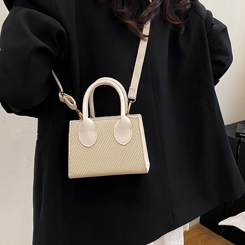 Mini Crossbody Handbag PU Leather Woven Texture Small Square Bag Chic Commute Style For Women With Adjustable Strap