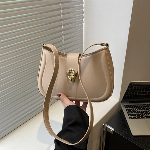 Women Minimalist Underarm Hobo Bag PU Leather Half Moon Shoulder Purse With Golden Ring Buckle Vintage Urban Fashion
