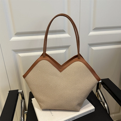 Woven Stroh PU Leder Tote Bag Große Kapazität V-Ausschnitt Geometrische Schulter Handtasche Damen Sommer Urlaub