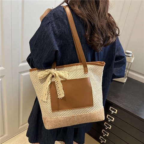 Damen Koreanischer Stil Strohgeflecht Beuteltasche Mit Spitzenschleife PU Leder Schultertasche Für Sommer Urlaub
