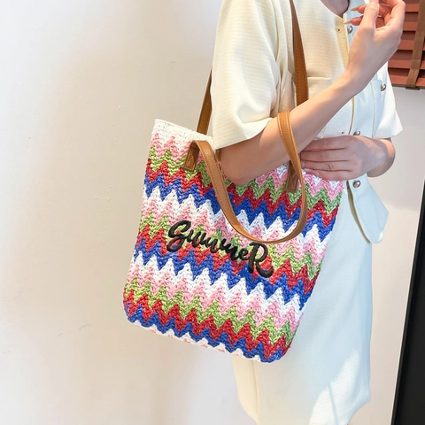Bolso Tote de Paja Tejida de Verano Mujeres Contraste de Color Patrón de Ondas Bordado Gran Capacidad Bolso de Playa Hombro