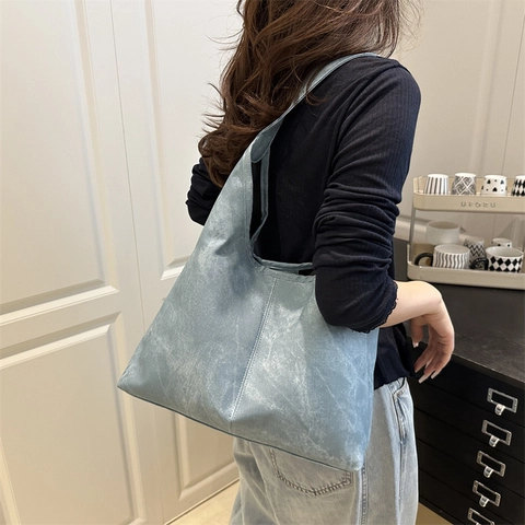 Bolso Tote Hobo Retro de Cuero PU Para Mujer Gran Capacidad Bolso de Hombro Textura Lavada Color Sólido Bolso de Compras