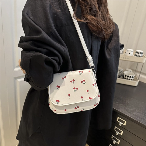 Women Cherry Print Crossbody Bag PU Leather French Niche Underarm Shoulder Purse Sweet Girlish Style Small Square Flap