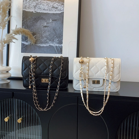 Women's Fashion Rhombic Quilted PU Leather Shoulder Bag Elegant Chain Crossbody Bag With Golden Ball Adjuster Turn-Lock Square Bag