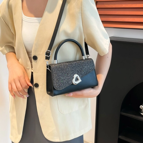 Sac à Main Femme à Rabat Pailleté Élégant Sac Bandoulière en Cuir PU Avec Fermoir Coeur pour Soirée Mariage Fête