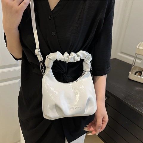 Pleated Scrunchie Handle Crossbody Bag Glossy PU Leather Fashion Dumpling Shape Versatile Casual Handbag For Women