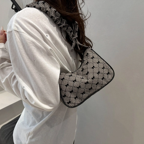 Women Gingham Plaid Shoulder Bag With Ruched Scrunchie Strap And Bowknot Decoration French Retro Underarm Handbag Sweet Style