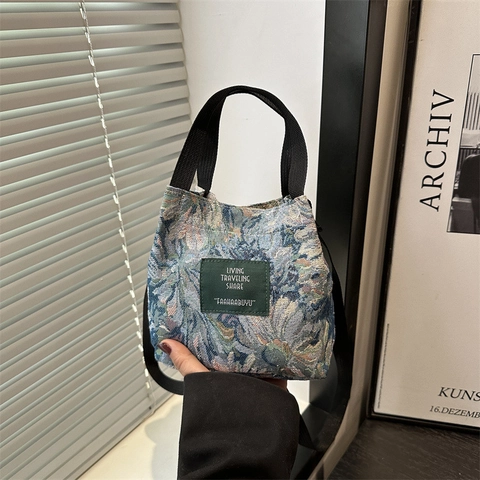Vintage Floral Jacquard Tote Bag For Women Large Capacity Butterfly Pattern Canvas Handbag Casual Small Crossbody Shoulder Bag For Students Shopping
