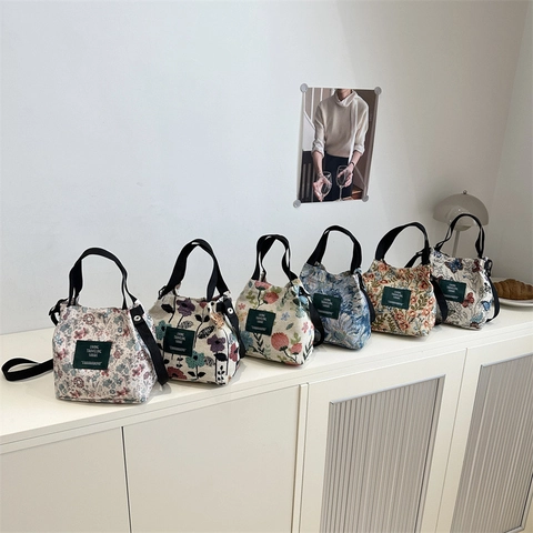 Bolso de Cubo Jacquard Floral Vintage para Mujer Trendy Mini Bolso de Hombro de Lona con Correa Ajustable Bolso de Mano Casual