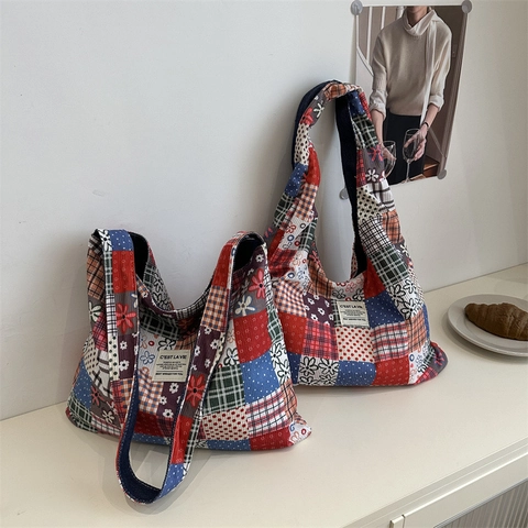 Borsa A Spalla In Tela Patchwork Grande Capacità Retro Floreale Plaid Denim Tote Borsa A Mano Hobo Casual Per Donne