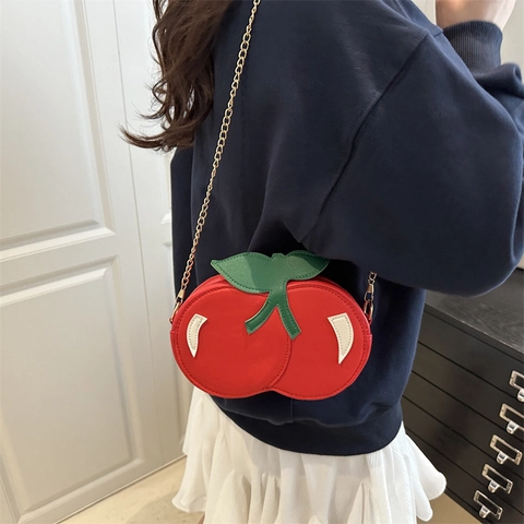 Damen Süße Kirschform Umhängetasche Mode PU Leder Mini Schulterkette Tasche Kreative Frucht Stil Kleine Handtasche